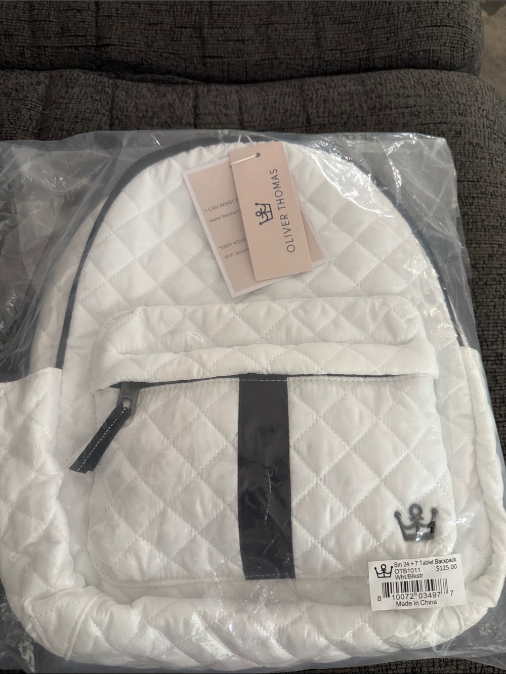 Oliver Thomas White Quilted Backpack with Black Accent